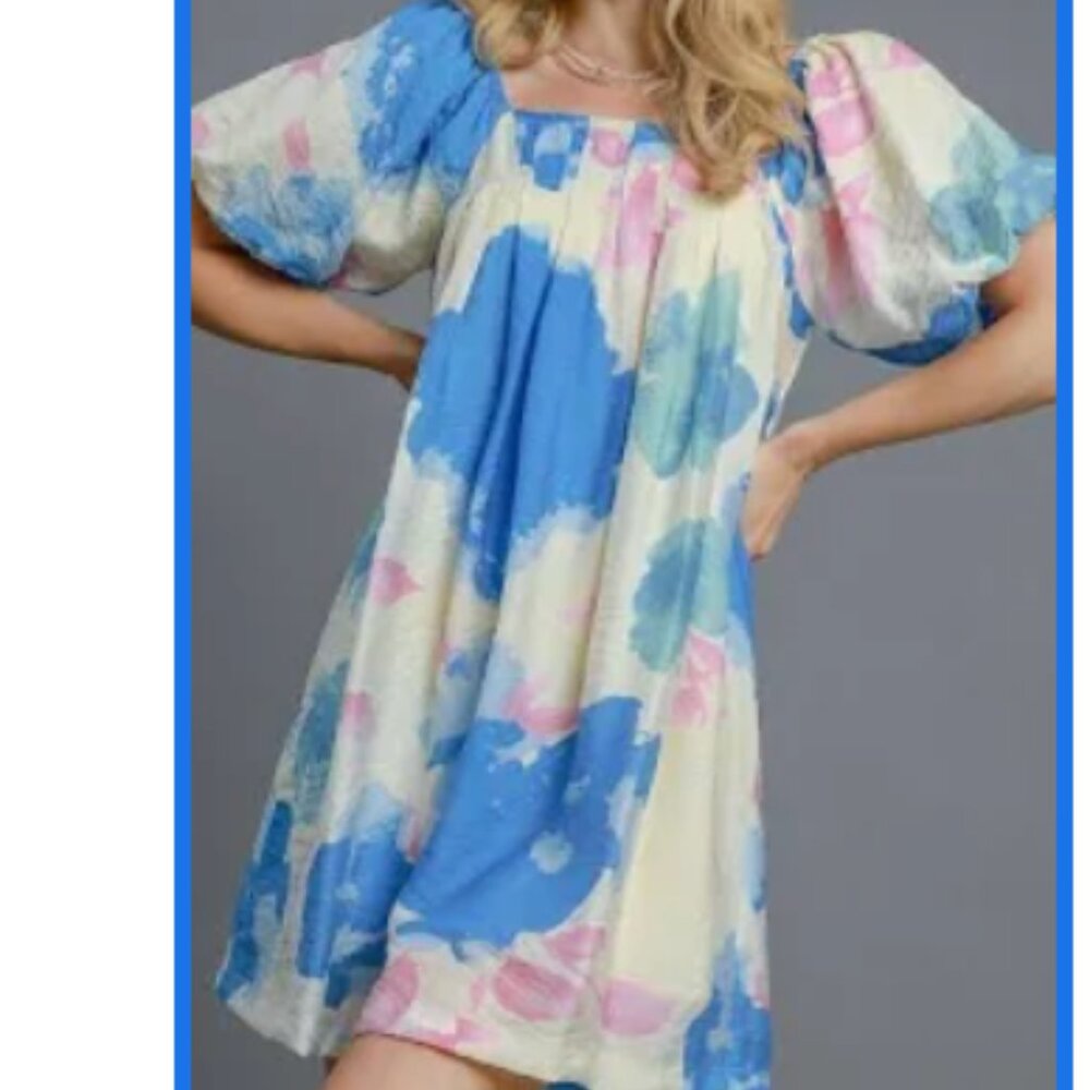 236.Watercolor Floral Puff Sleeve Mini Dress